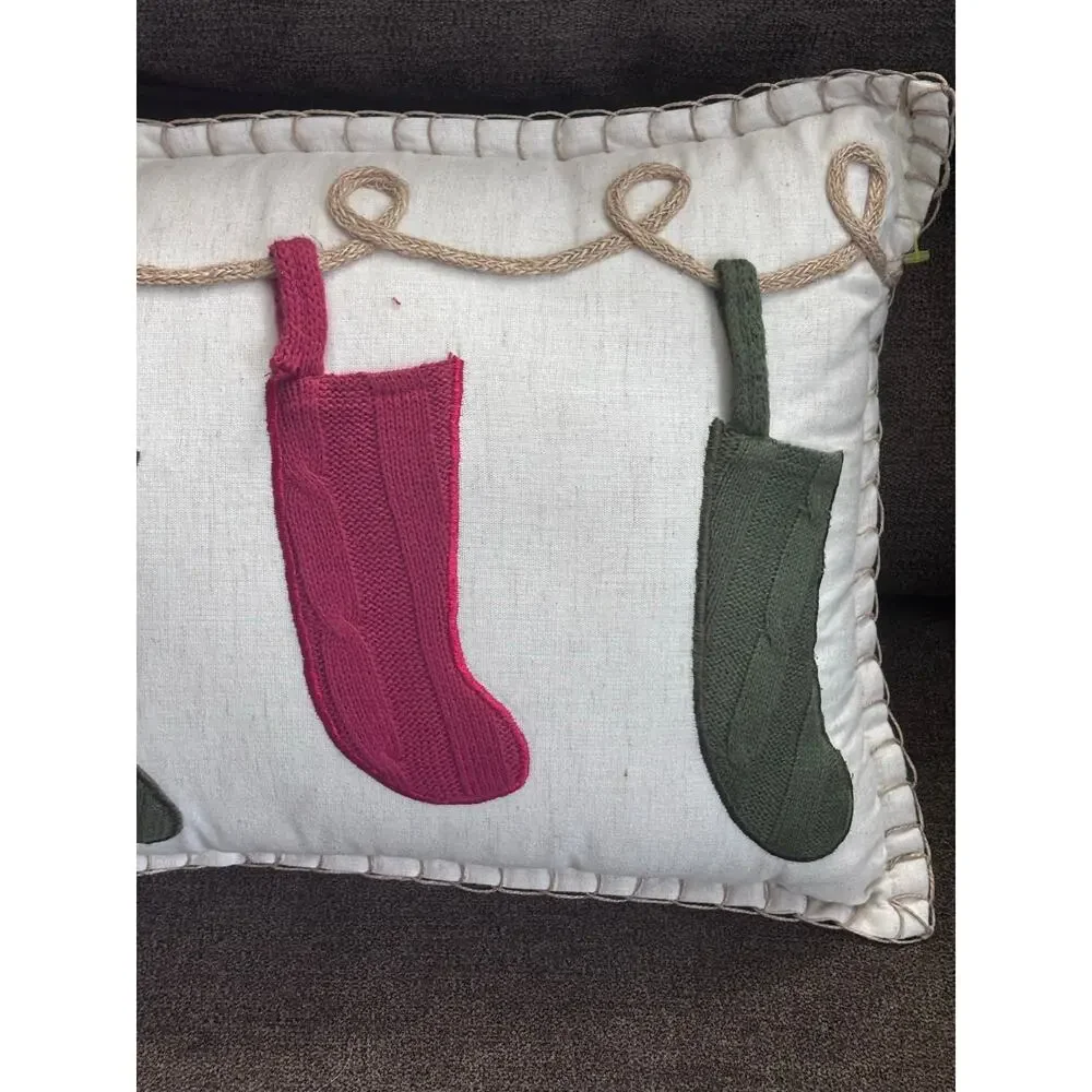 Pier 1 Christmas Throw Pillow Hanging Stockings Holiday Decor Approx 20x13 FLAW
